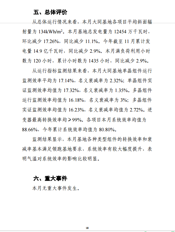 大同一期光伏發(fā)電應(yīng)用領(lǐng)跑基地運(yùn)行監(jiān)測月報（11月）